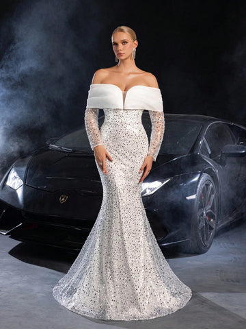 Off Shoulder Sweetheart Neck Mermaid Hem Sequin Wedding Dress