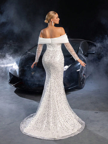 Off Shoulder Sweetheart Neck Mermaid Hem Sequin Wedding Dress