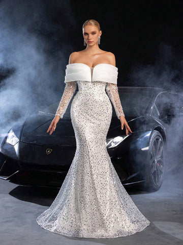 Off Shoulder Sweetheart Neck Mermaid Hem Sequin Wedding Dress