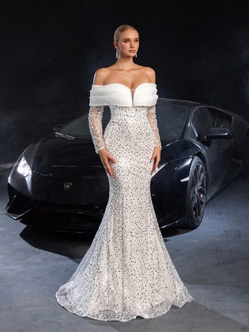 Off Shoulder Sweetheart Neck Mermaid Hem Sequin Wedding Dress