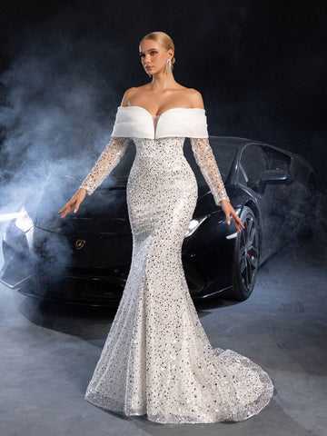Off Shoulder Sweetheart Neck Mermaid Hem Sequin Wedding Dress