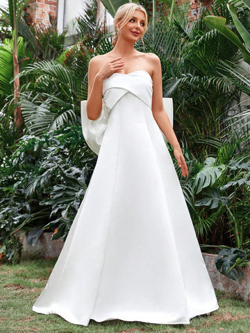 Off Shoulder Twist Front Big Bow Back Tube Wedding Dress
