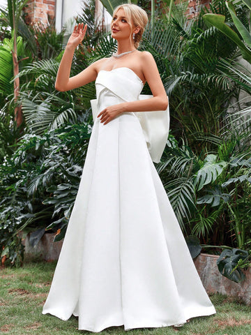 Off Shoulder Twist Front Big Bow Back Tube Wedding Dress