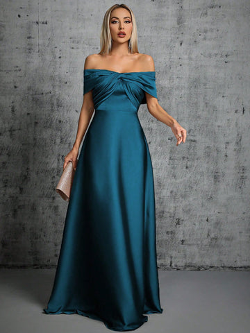 Off Shoulder Twist Front Satin Bridesmaid Dress