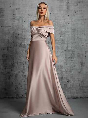 Off Shoulder Twist Front Satin Bridesmaid Dress