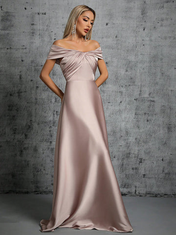 Off Shoulder Twist Front Satin Bridesmaid Dress