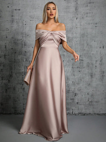 Off Shoulder Twist Front Satin Bridesmaid Dress