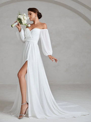 Off Shoulder Wrap Hem Wedding Dress