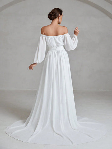 Off Shoulder Wrap Hem Wedding Dress