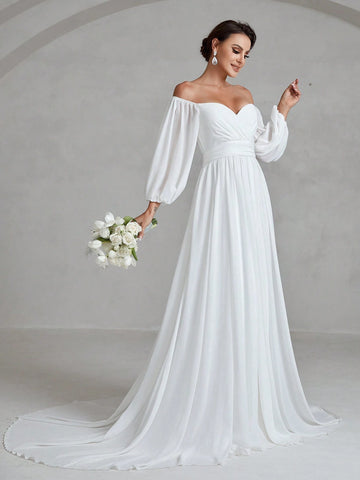Off Shoulder Wrap Hem Wedding Dress