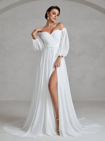 Off Shoulder Wrap Hem Wedding Dress