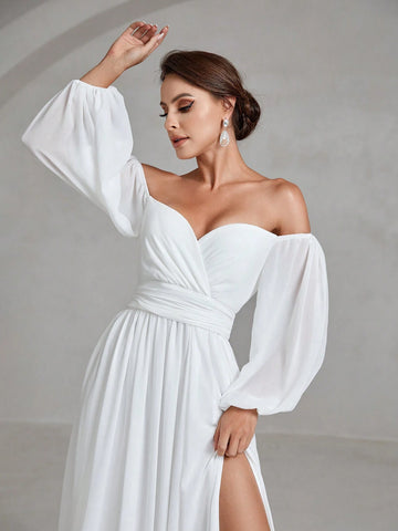 Off Shoulder Wrap Hem Wedding Dress