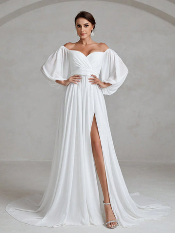 Off Shoulder Wrap Hem Wedding Dress