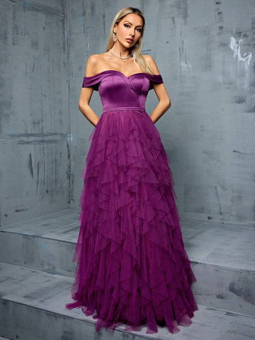 Off Shoulder Wrap Satin Splice Three Dimensional Mesh Ruffle Hem Big Swing Evening Gown