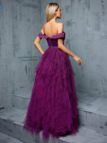 Off Shoulder Wrap Satin Splice Three Dimensional Mesh Ruffle Hem Big Swing Evening Gown