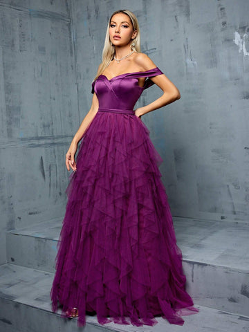 Off Shoulder Wrap Satin Splice Three Dimensional Mesh Ruffle Hem Big Swing Evening Gown