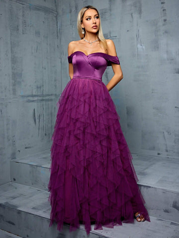Off Shoulder Wrap Satin Splice Three Dimensional Mesh Ruffle Hem Big Swing Evening Gown