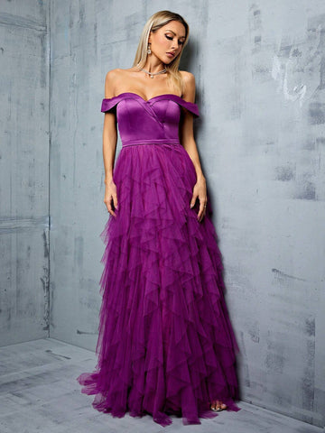 Off Shoulder Wrap Satin Splice Three Dimensional Mesh Ruffle Hem Big Swing Evening Gown