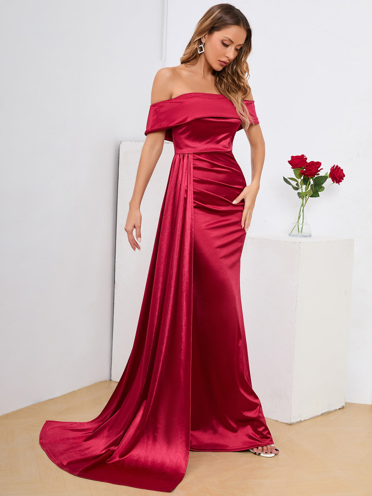 Off The Shoulder Draped Satin Dress