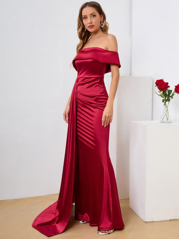 Off The Shoulder Draped Satin Dress