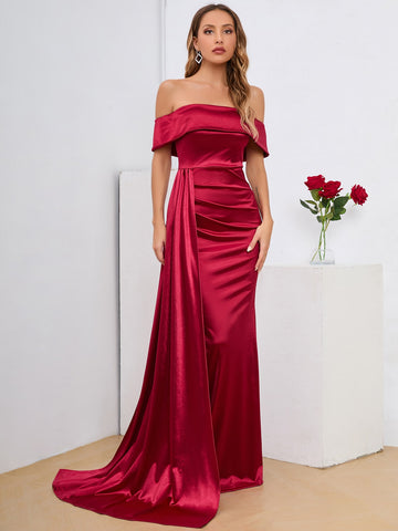 Off The Shoulder Draped Satin Dress