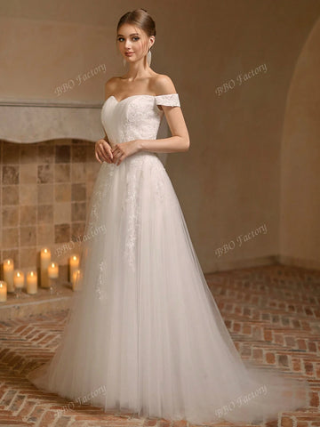 Off The Shoulder Elegant Wedding Dress With Solid Color Embroidery Applique Mesh Tulle Ball Gown