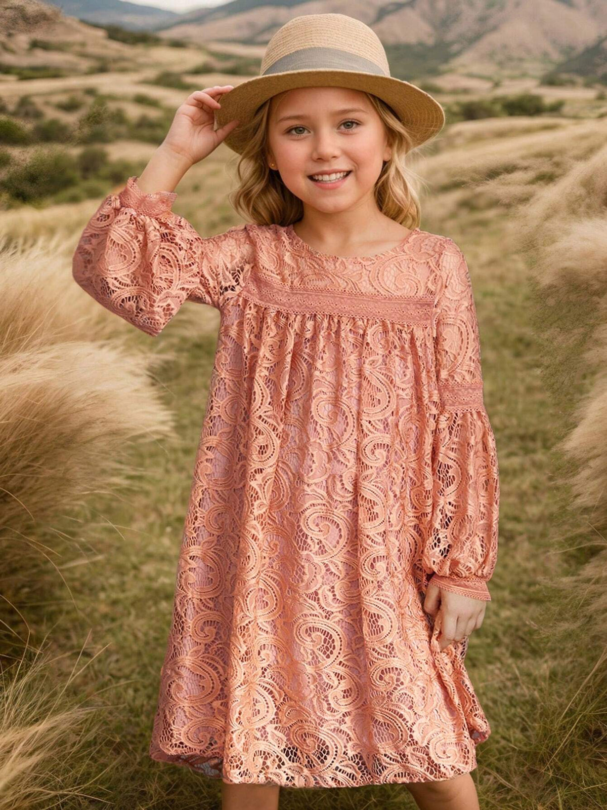 Older Girls Cute Lace Long Sleeve Knee-Length Princess Dress For Flower Girl Wedding Party