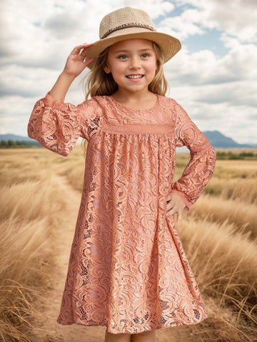 Older Girls Cute Lace Long Sleeve Knee-Length Princess Dress For Flower Girl Wedding Party