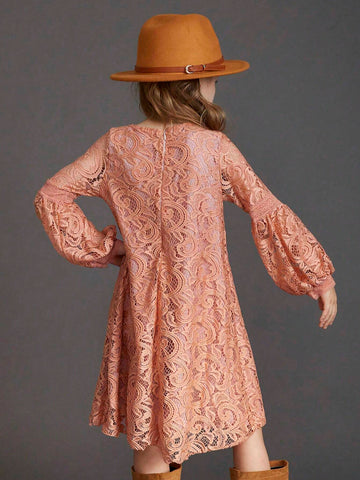 Older Girls Cute Lace Long Sleeve Knee-Length Princess Dress For Flower Girl Wedding Party