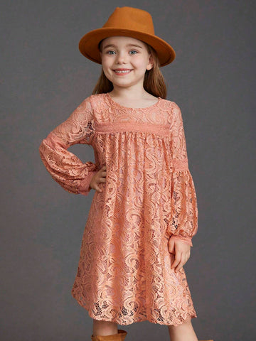Older Girls Cute Lace Long Sleeve Knee-Length Princess Dress For Flower Girl Wedding Party