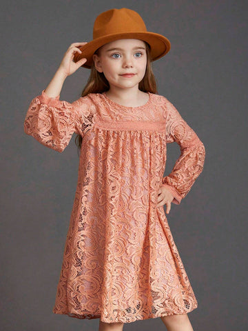 Older Girls Cute Lace Long Sleeve Knee-Length Princess Dress For Flower Girl Wedding Party