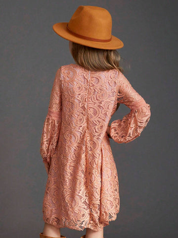 Older Girls Cute Lace Long Sleeve Knee-Length Princess Dress For Flower Girl Wedding Party