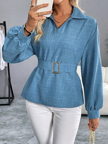 Women's Autumn And Winter Long-Sleeved Blouse Collar Waist Belt