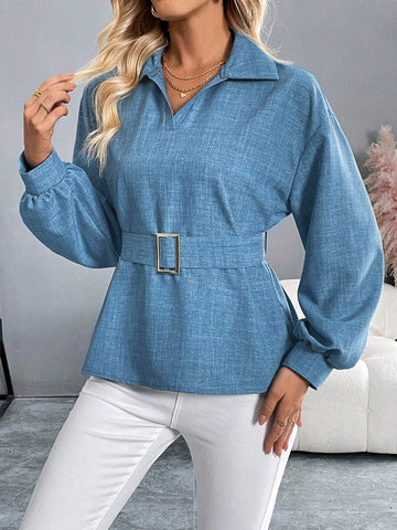 Women's Autumn And Winter Long-Sleeved Blouse Collar Waist Belt