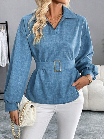 Women's Autumn And Winter Long-Sleeved Blouse Collar Waist Belt