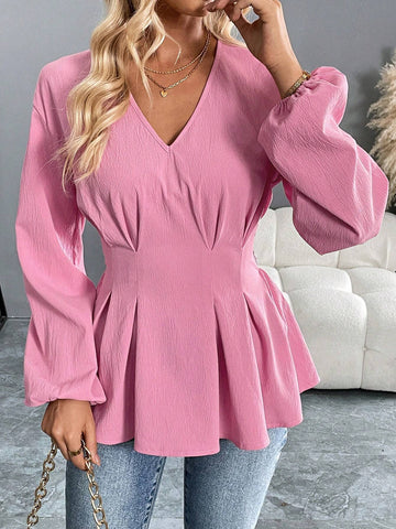 Women's Autumn And Winter Pink Blouse With Pleated Waist V-Neck Lantern Long Sleeves,