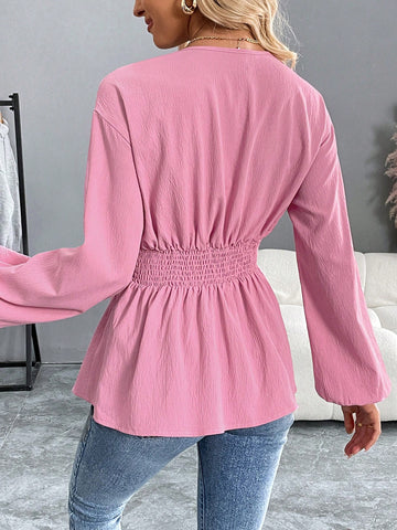 Women's Autumn And Winter Pink Blouse With Pleated Waist V-Neck Lantern Long Sleeves,