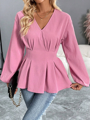 Women's Autumn And Winter Pink Blouse With Pleated Waist V-Neck Lantern Long Sleeves,