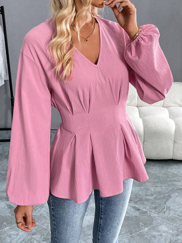 Women's Autumn And Winter Pink Blouse With Pleated Waist V-Neck Lantern Long Sleeves,