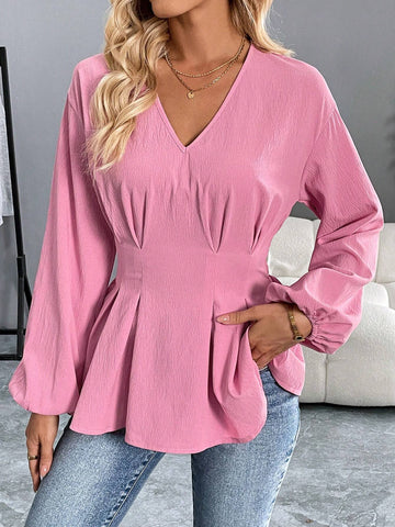 Women's Autumn And Winter Pink Blouse With Pleated Waist V-Neck Lantern Long Sleeves,