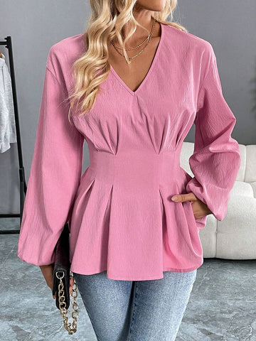 Women's Autumn And Winter Pink Blouse With Pleated Waist V-Neck Lantern Long Sleeves,