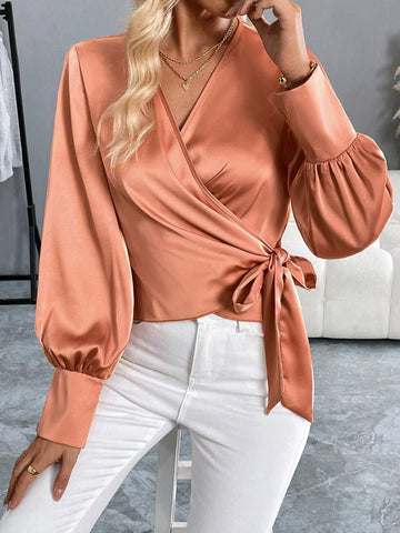 Women's Satin V-Neck Long Sleeve Elegant Everyday Blouse