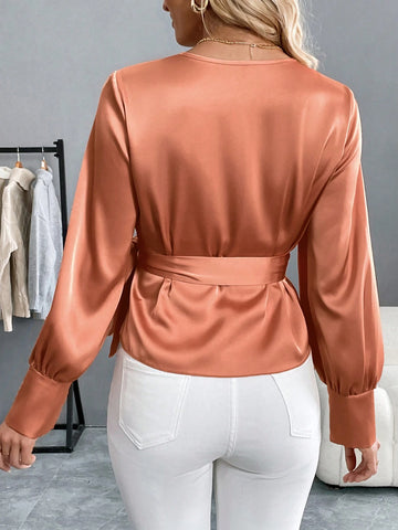 Women's Satin V-Neck Long Sleeve Elegant Everyday Blouse