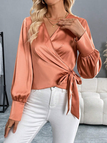 Women's Satin V-Neck Long Sleeve Elegant Everyday Blouse