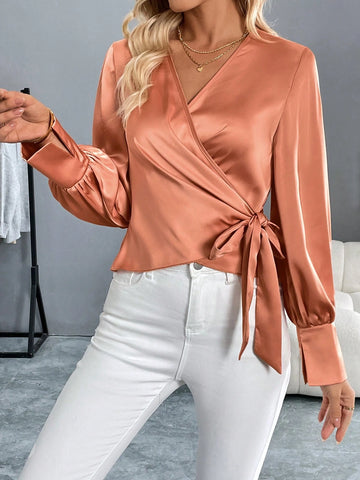 Women's Satin V-Neck Long Sleeve Elegant Everyday Blouse