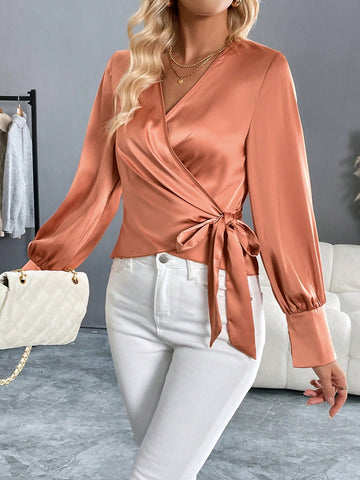 Women's Satin V-Neck Long Sleeve Elegant Everyday Blouse