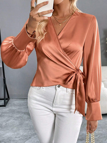 Women's Satin V-Neck Long Sleeve Elegant Everyday Blouse