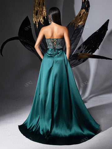 Olive Green Rhinestone Pleated High Slit Strapless Formal Evening Gown Dress For Women