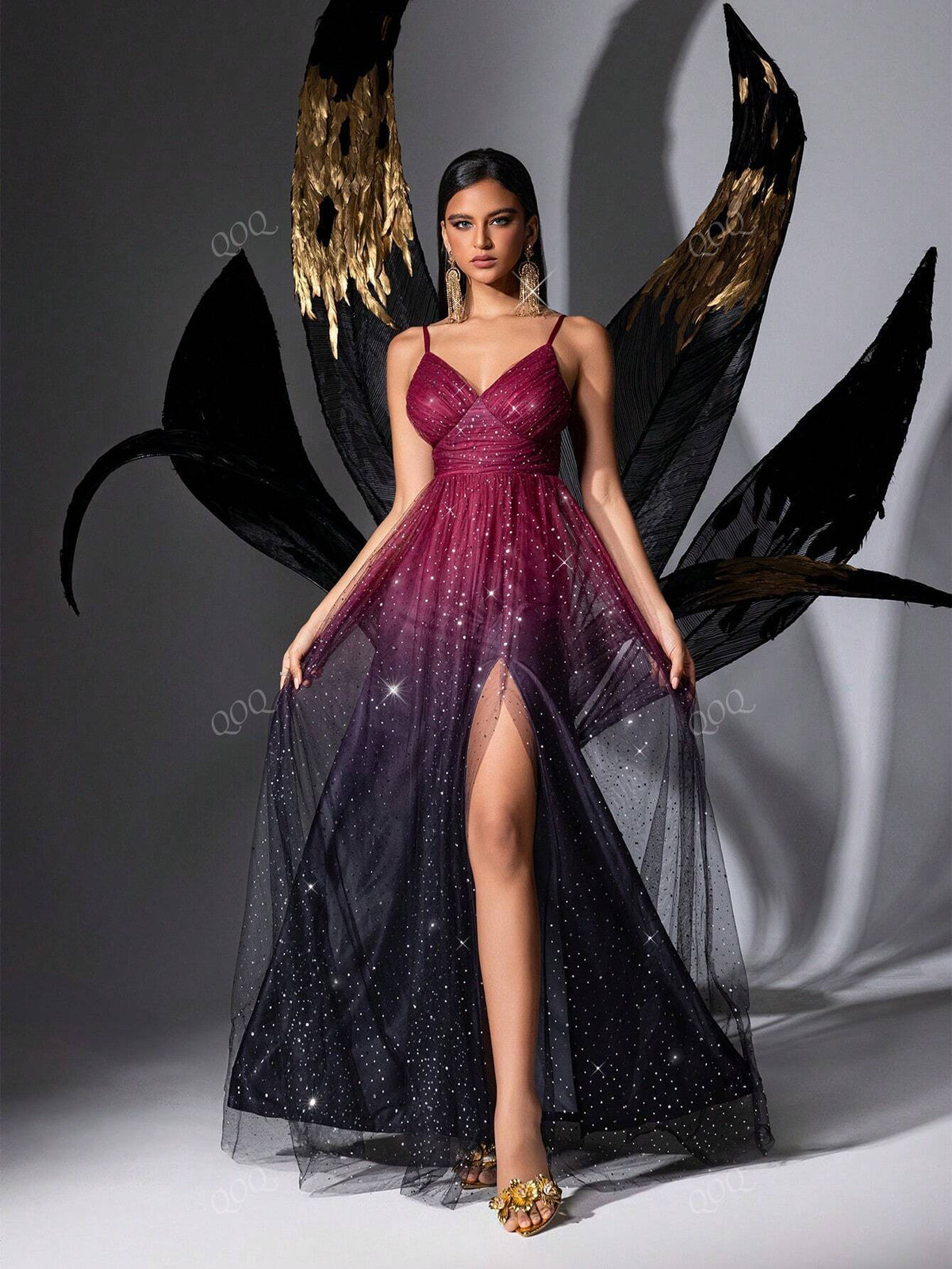 Ombre Sequin Mesh Slit Spaghetti Strap Maxi Dress