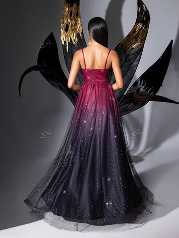 Ombre Sequin Mesh Slit Spaghetti Strap Maxi Dress